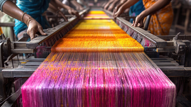 Indian textile industry, workers weaving colorful fabrics on traditional and modern looms, bright and vibrant production environment