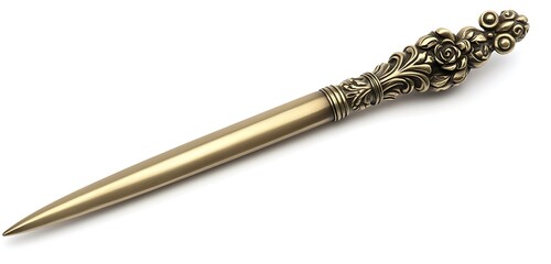 Antique brass letter opener with decorative handle isolated on white