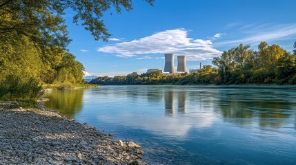 Obraz premium Serene riverbank with cooling towers in distance. Ideal for environmental, industrial, or energy themes.
