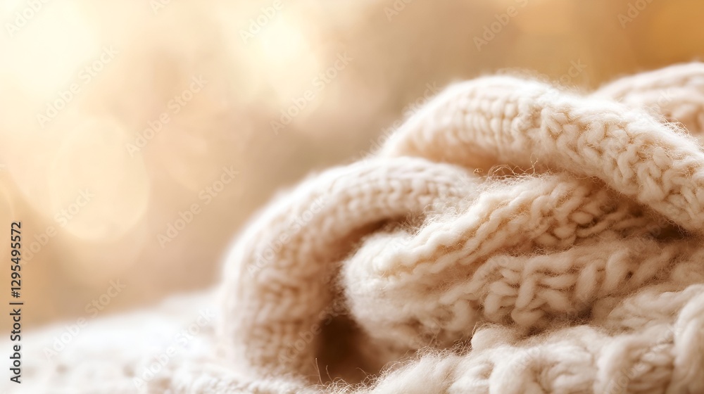 Aufkleber close up of soft cream knitted blanket relaxing on a cozy background : generative ai