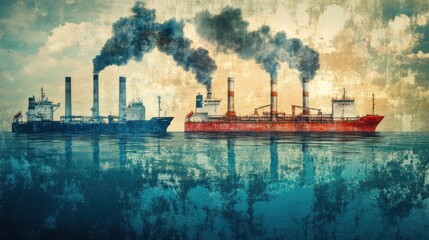 Naklejka premium Industrial ships emitting black smoke into the sky and sea
