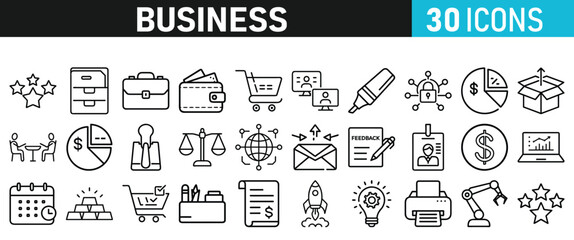 Set of 30 Business icons. Business web icons in line style. Money, bank, contact, infographic, balance. Icon collection. Vector illustration.