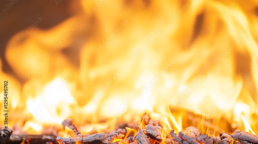 Poster fiery flames blazing on a bed of charcoal embers creating a warm atmosphere : generative ai
