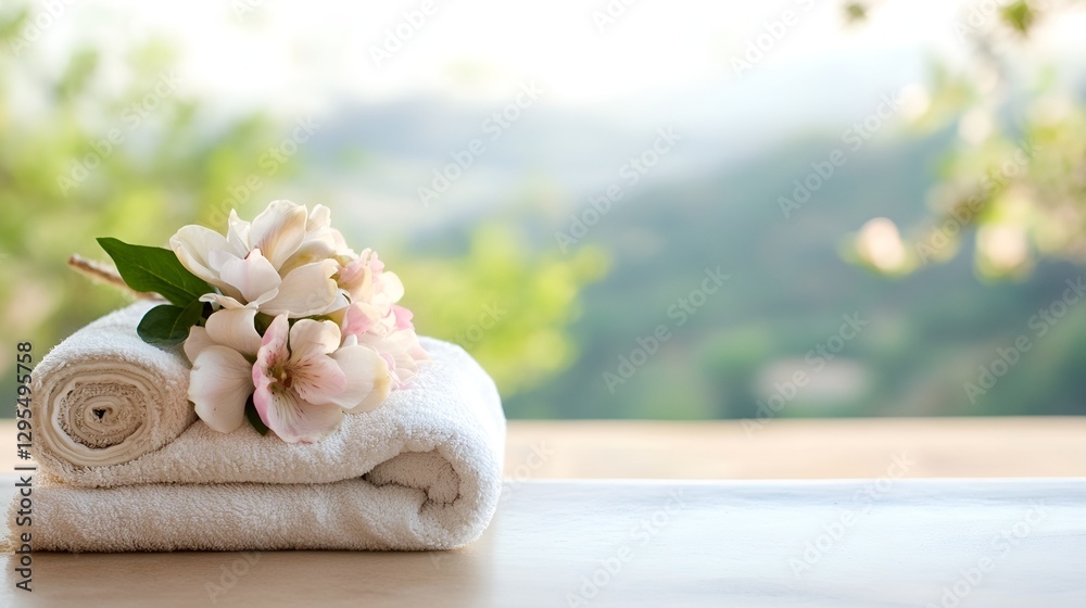 Poster spa essentials with fresh flowers and soft towels for a relaxing experience : generative ai
