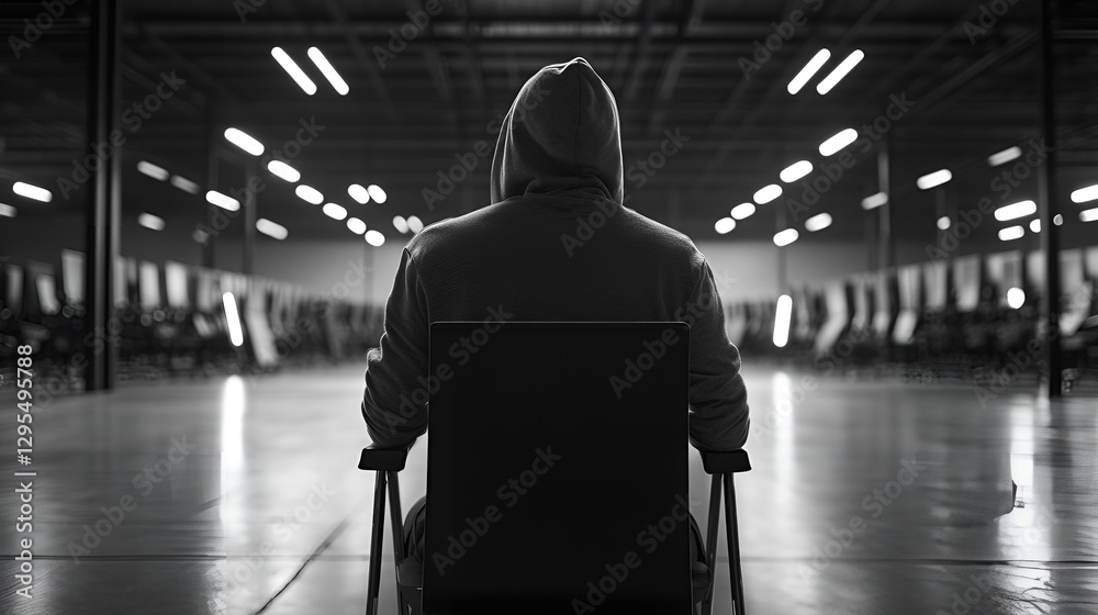 Poster silhouette of a person wearing a hoodie sitting alone in an empty warehouse space : generative ai