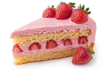 Delicious strawberry cake slice with creamy pink frosting and fresh strawberries on a white background perfect for dessert and sweet treat lovers