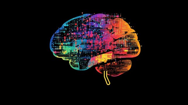 Abstract brain icon with binary code and electronic components, representing big data processing.
