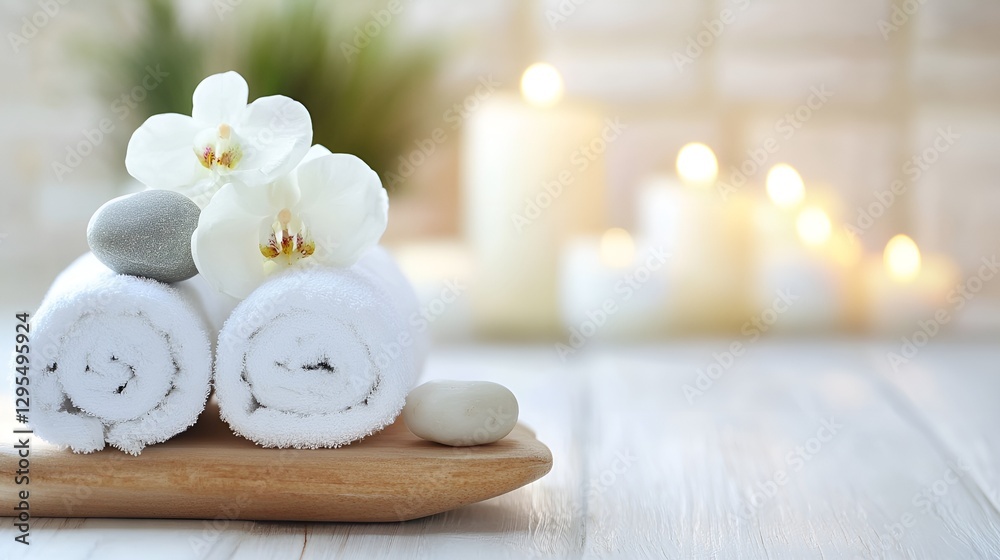 Poster relaxing spa scene with soft towels, candles and orchids for wellness and tranquility inspiration : 