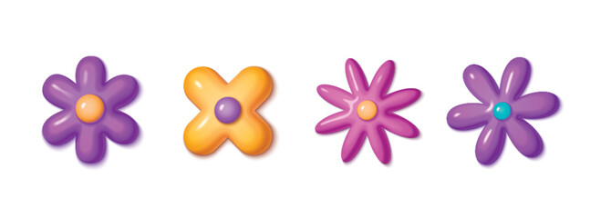 Y2k color flowers set isolated on white background. Vector realistic illustration of puffy floral shape icons with purple, pink and yellow petals, creative 3D stickers for trendy banner, greeting card