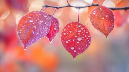 Fototapeta premium Vibrant autumn leaves adorned with glistening water droplets cling delicately