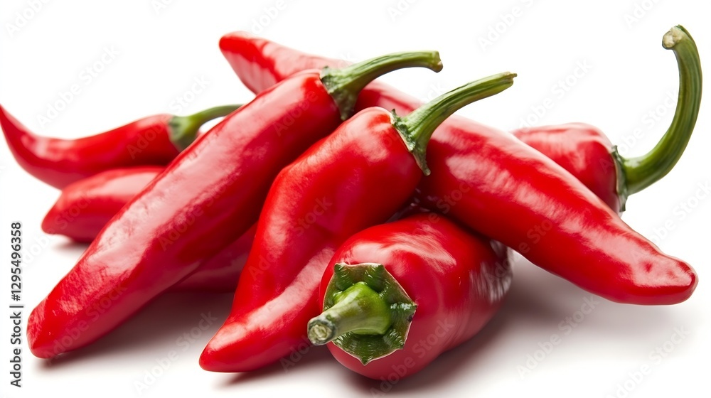 Poster fresh red chili peppers piled together on a white surface for culinary use : generative ai