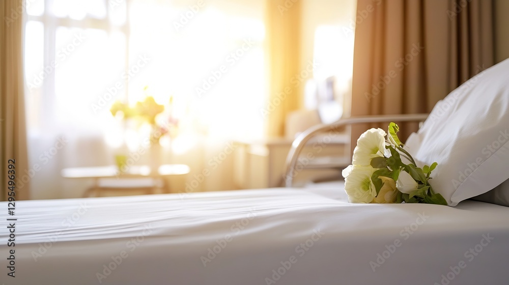 Poster elegant white roses on a crisp bed sheet creating a serene and inviting atmosphere : generative ai