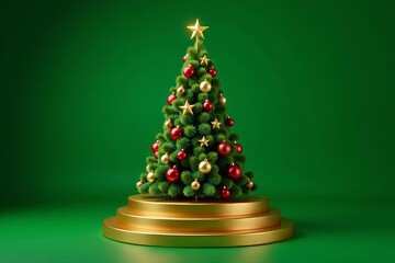 Ornate gold podium displays festive Christmas tree against green backdrop , background, holiday background, luxury christmas
