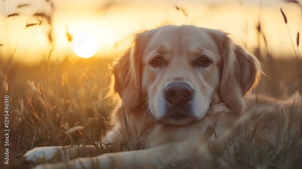 Poster Golden Retriever Dog Relaxing at Sunset with Soft Lighting in Open Field : Generative AI