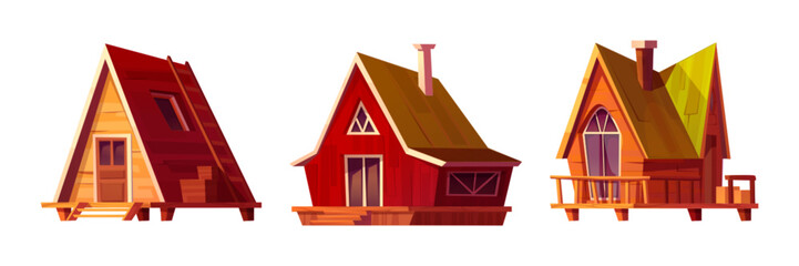 Wooden log houses set isolated on white background. Vector cartoon illustration of mountain glamping chalet, forest camp hut, village cottage with patio, stairs, glass doors, windows, chimney on roof
