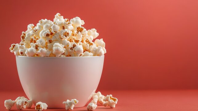 A full white bowl of popcorn rests on a red surface
