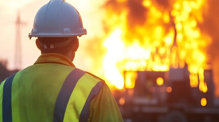 Construction worker in helmet observing a fire incident at sunset on a construction site : Generative AI