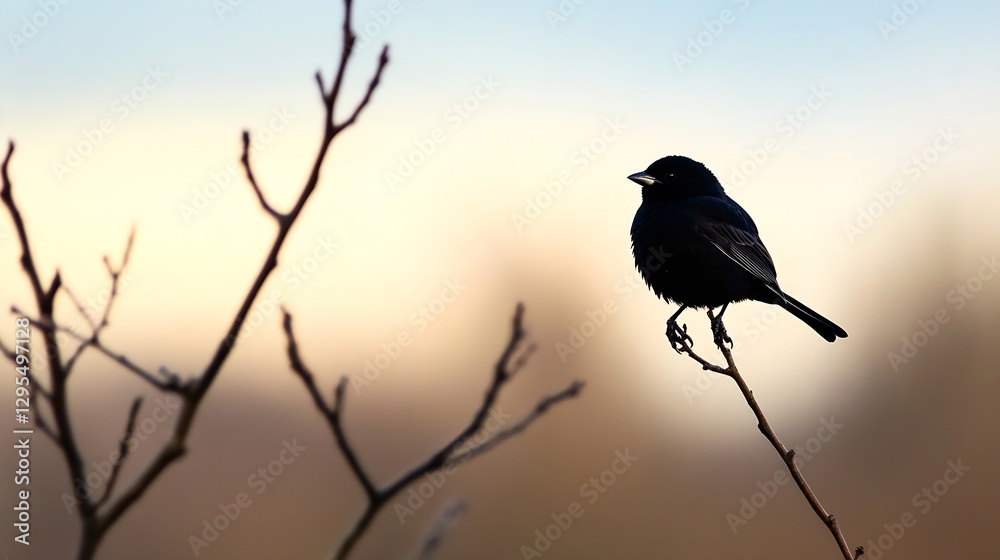 Poster silhouetted bird perched on a branch against a soft sunrise background : generative ai
