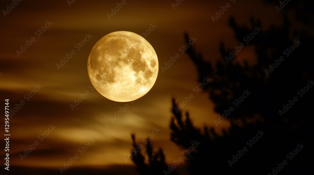 Poster Glowing full moon in darkened sky framed by silhouettes of pine trees creating a magical nighttime view : Generative AI