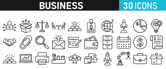 Set of 30 Business icons. Business web icons in line style. Money, bank, contact, infographic, balance. Icon collection. Vector illustration.