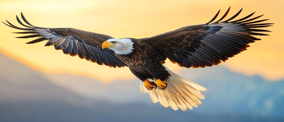 Obraz premium Majestic eagle soaring in the golden sky.