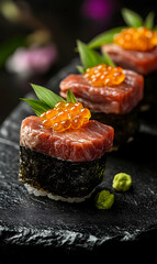 Exquisite Japanese A5 Wagyu Sushi Topped with Luxurious Uni and Caviar on Stone Plate
