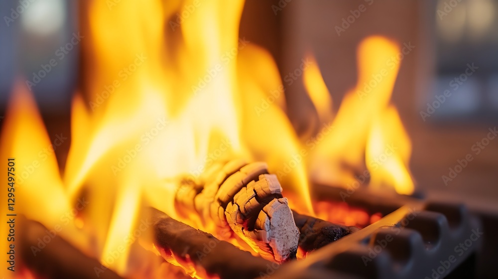 Poster close up view of warm firewood burning in the fireplace creating a cozy atmosphere : generative ai