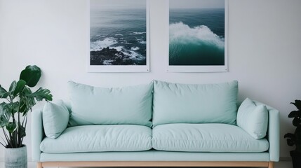 Calm and bright living room featuring a sofa and art