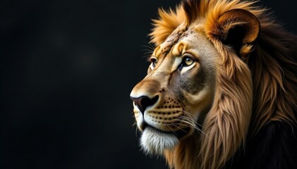 Fototapeta premium Majestic lion's head with shaggy mane and piercing eyes, mystical creature, golden light, fur texture