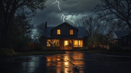 Fototapeta premium A dark house illuminated during a thunderstorm.