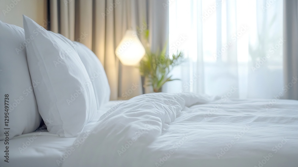 Poster cozy and inviting bedroom with plush white bedding and soft natural light : generative ai