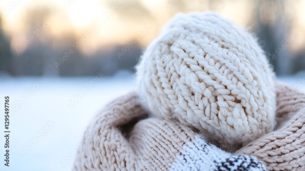 Poster cozy knitted hat and scarf viewed from behind showcasing winter warmth and style : generative ai