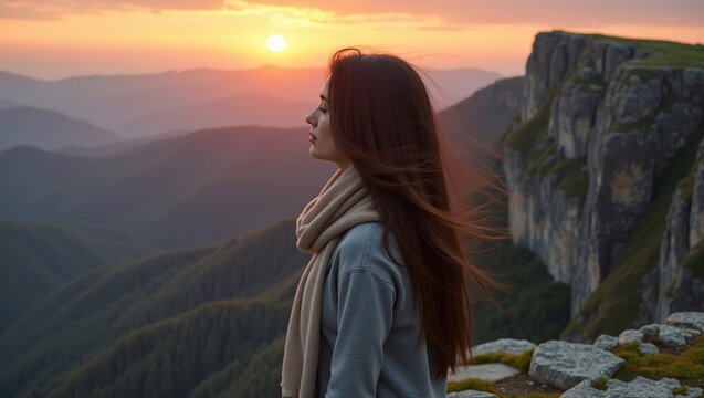 a young woman with long, dark hair standing at the edge of a rocky mountain cliff wind sadness and resilience dramatic sunset