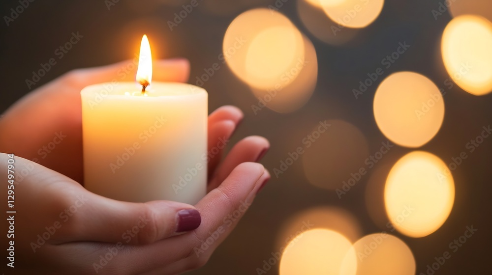 Poster Person holding lit candle in hands with soft glowing background for relaxation and warmth : Generative AI