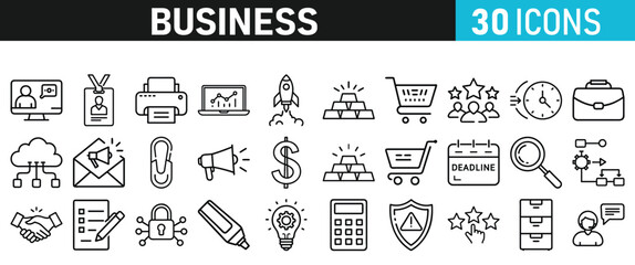 Set of 30 Business icons. Business web icons in line style. Money, bank, contact, infographic, balance. Icon collection. Vector illustration.