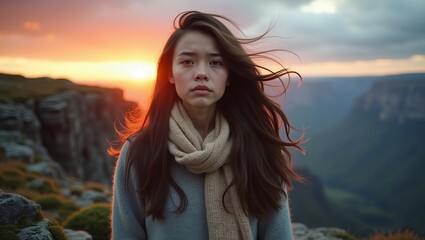 a young woman with long, dark hair standing at the edge of a rocky mountain cliff wind sadness and resilience dramatic sunset