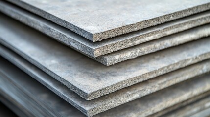 Stack of gray fiber cement boards showing texture and layering