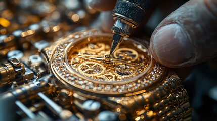 Luxury goods manufacturing in Saudi Arabia, artisans handcrafting gold-plated watches, precision tools refining intricate designs, premium industrial craftsmanship