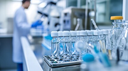 State of the art laboratory environment with glass vials and scientist working in background : Generative AI