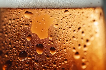 Close up of condensation on ice cold beer showcasing rich color and intricate droplets