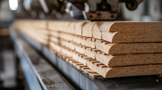 Stacked wooden boards exhibit intricate edge detailing from machinery