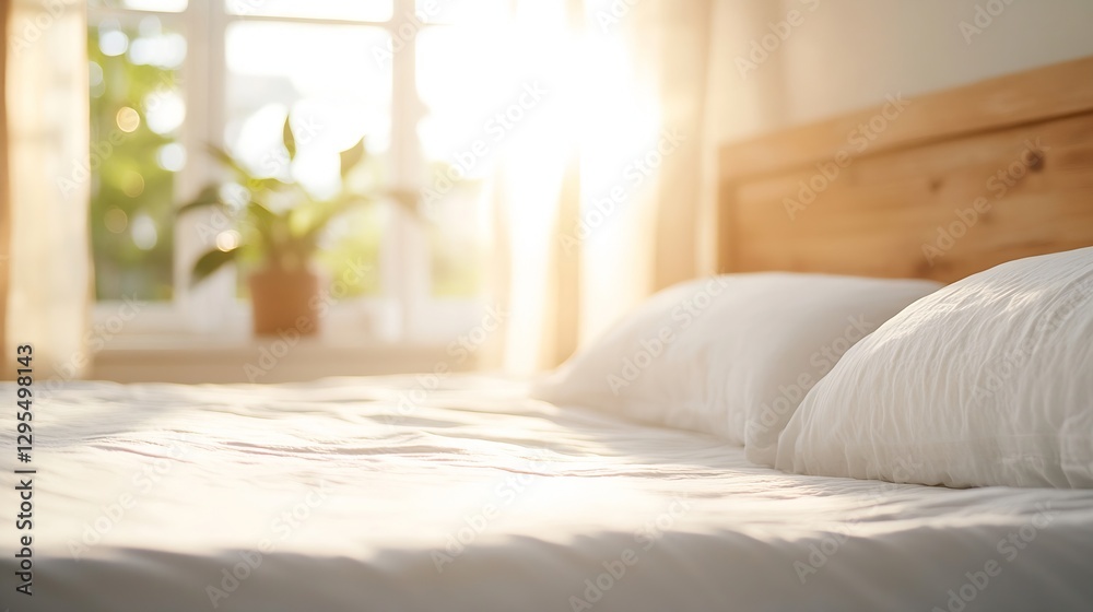 Poster cozy bedroom with soft bedding and natural light streaming through the window : generative ai