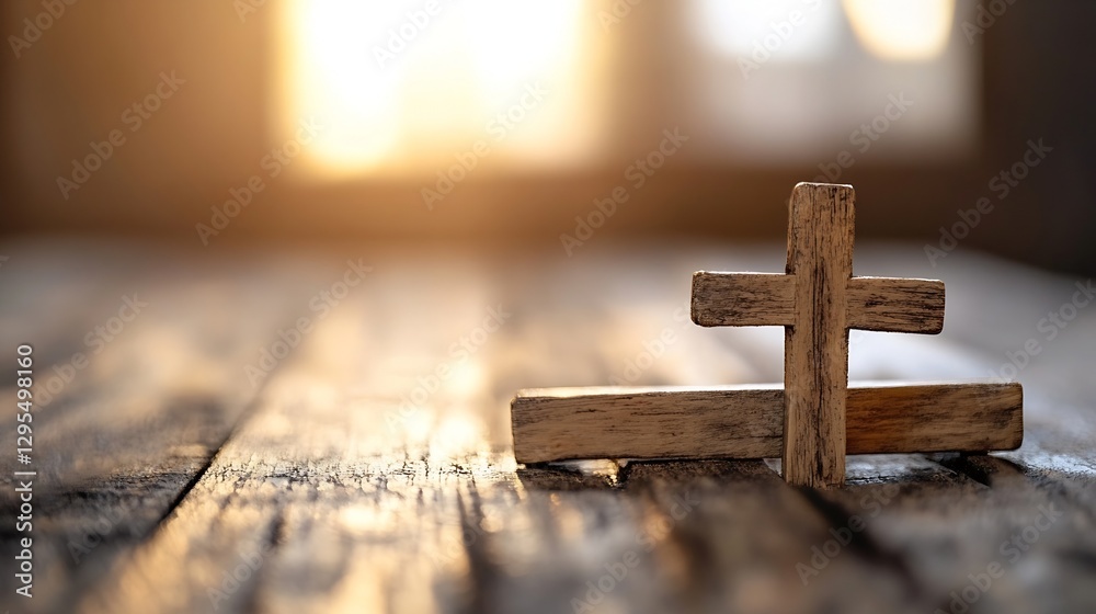 Poster Wooden cross placed on a rustic wooden table with soft golden sunlight illuminating the background : Generative AI