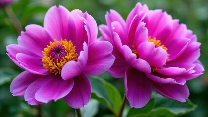 Obraz premium Two vibrant purple peonies with bright yellow centers in full bloom