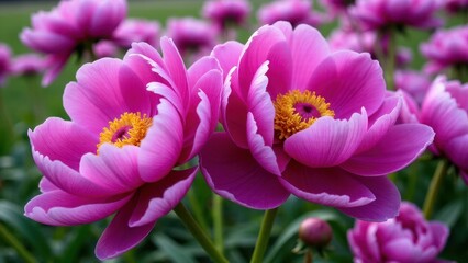 Obraz premium Purple peonies in full bloom with vibrant yellow centers, surrounded by lush green foliage.