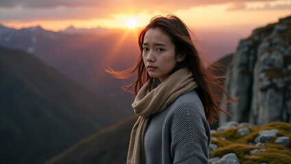 a young woman with long, dark hair standing at the edge of a rocky mountain cliff wind sadness and resilience dramatic sunset