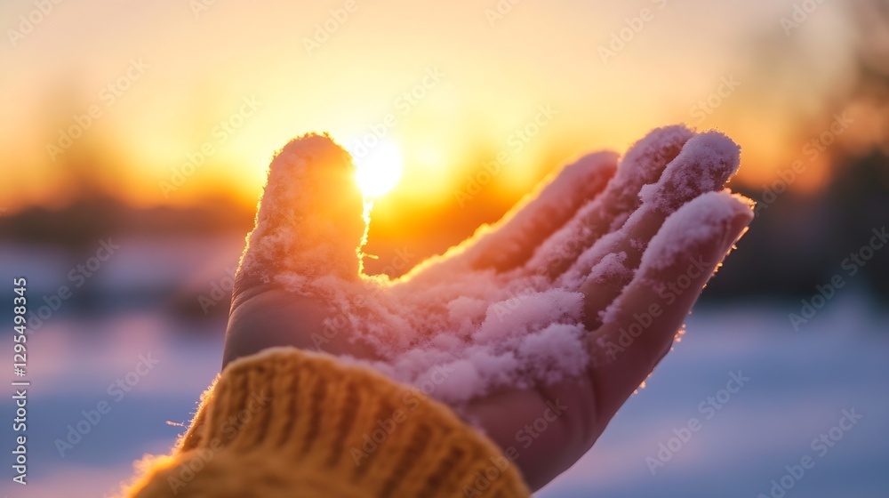 Poster hand reaching out to catch soft snowflakes during a beautiful sunset : generative ai