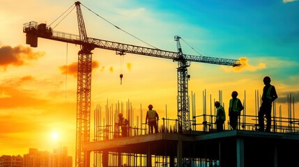 Construction workers working atop a building during a colorful sunset