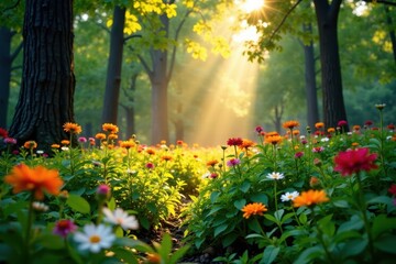 Obraz premium Lush underbrush and wildflowers illuminated by sunbeams peeking through tree branches, leafy greens, sunlight, foliage