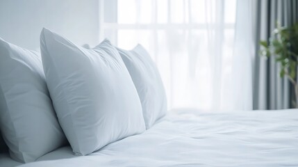 Close Up of Soft and Cozy Pillows on a Fine Made Bed Surrounded by Natural Light : Generative AI